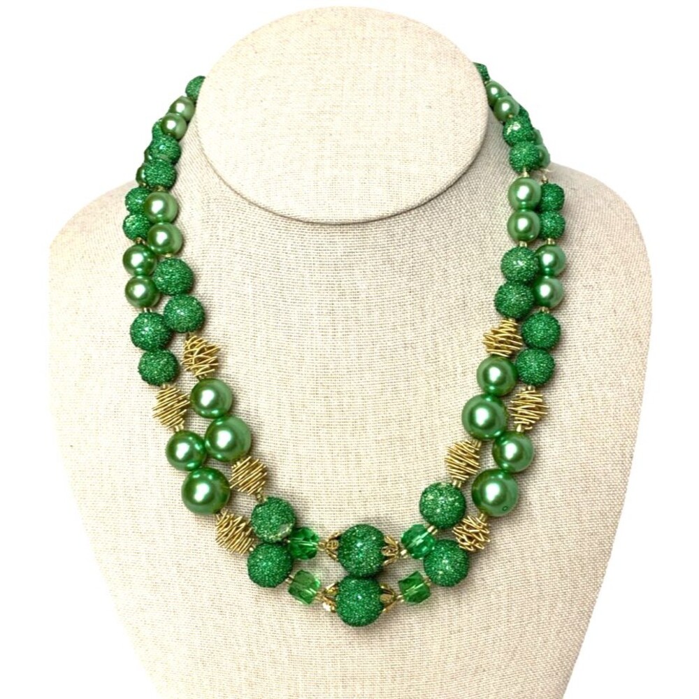 Vintage Japan Green Sugar Bead Necklace Double Strand Statement